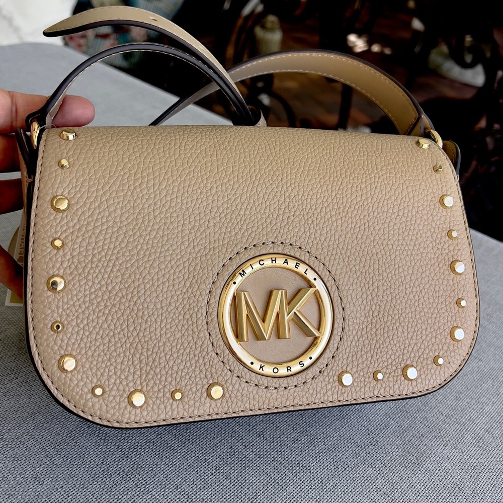 MICHAEL KORS Samira small flap messenger leather camel crossbody bag